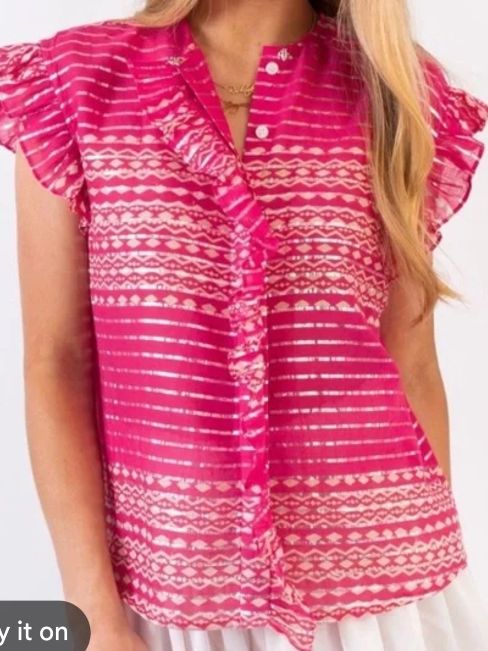 Koch Pink and Gold Flutter Sleeve Button Down Top Size Small